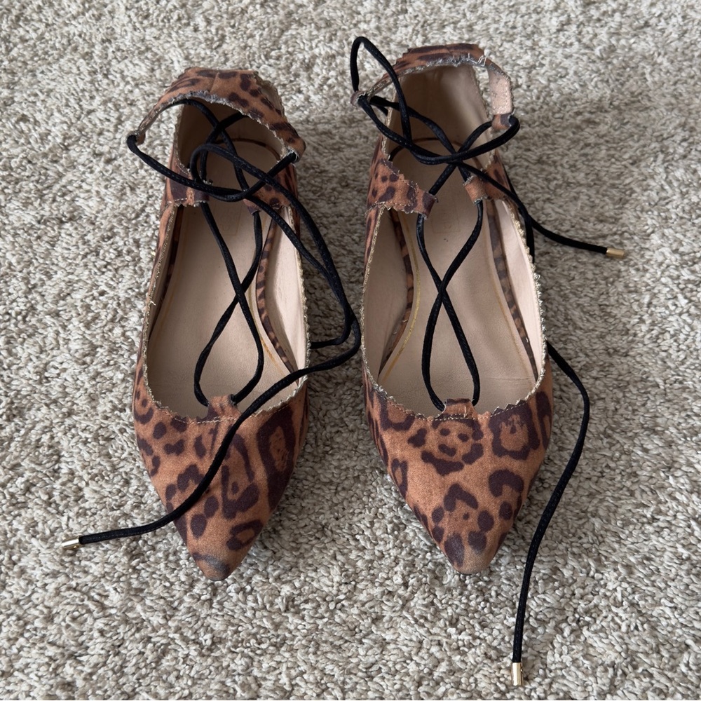 TOPSHOP Ghillie Lace-up tie up Ballerina flats leopard sandals pointed toe sz 8